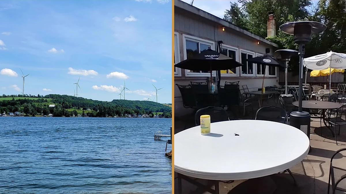 Bar and grill dining room with lake view.